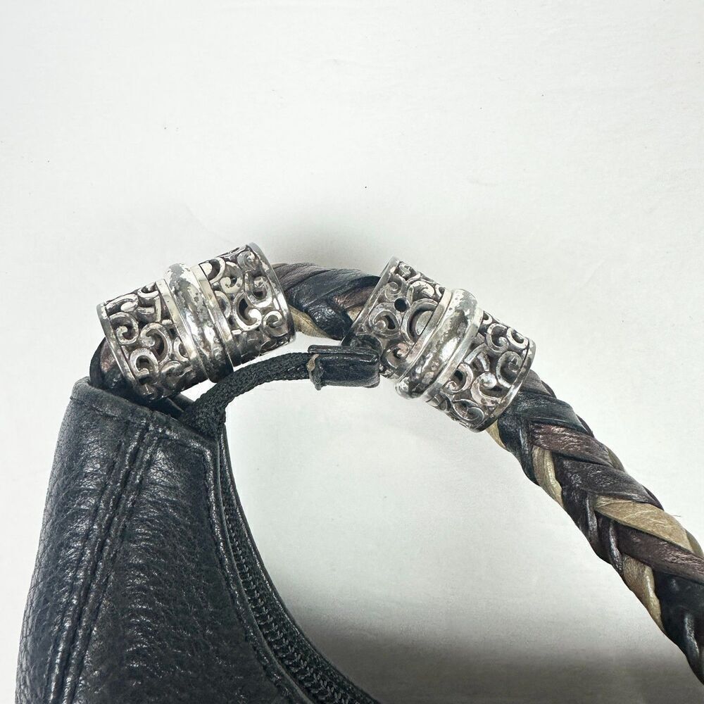 Brighton Barbados Ziptop Hobo Bag Pebbled Leather Black Braided Strap - Picture 8 of 12